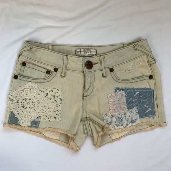 Free People Pants - Free People Patchwork Light Wash Denim Shorts Crochet Lace 25 24 Raw Hem Cutoff